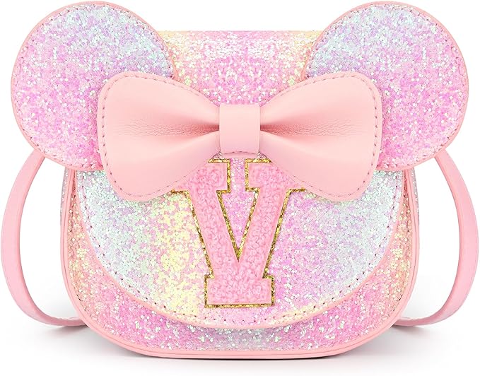 mibasies Toddler Purse Girl Gifts: Girls Birthday Gifts for 3-8 - Toys for Ages 2-4 Girls Mouse Ears Purse, Glitter Rainbow, Letter V
