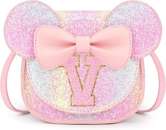 mibasies Toddler Purse Girl Gifts: Girls Birthday Gifts for 3-8 - Toys for Ages 2-4 Girls Mouse Ears Purse, Glitter Rainbow, Letter V