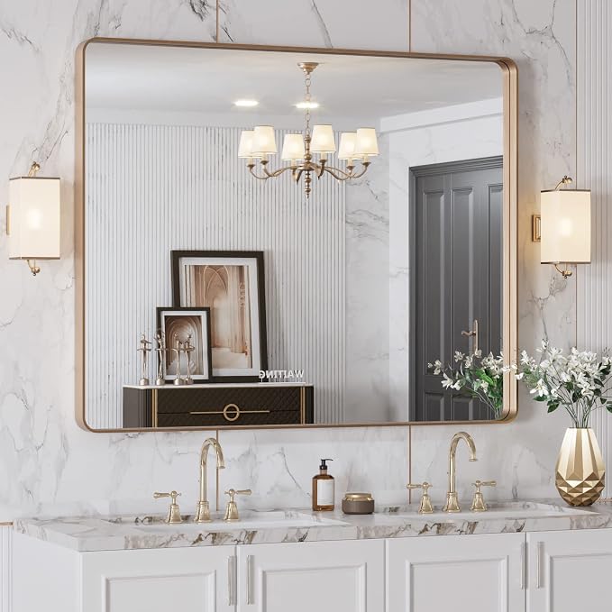 LOAAO 40"X32" Gold Bathroom Mirror | Rounded Rectangle, Brushed Gold Frame, Wall-Mounted, Anti-Rust, Tempered Glass, Hangs Horizontally or Vertically