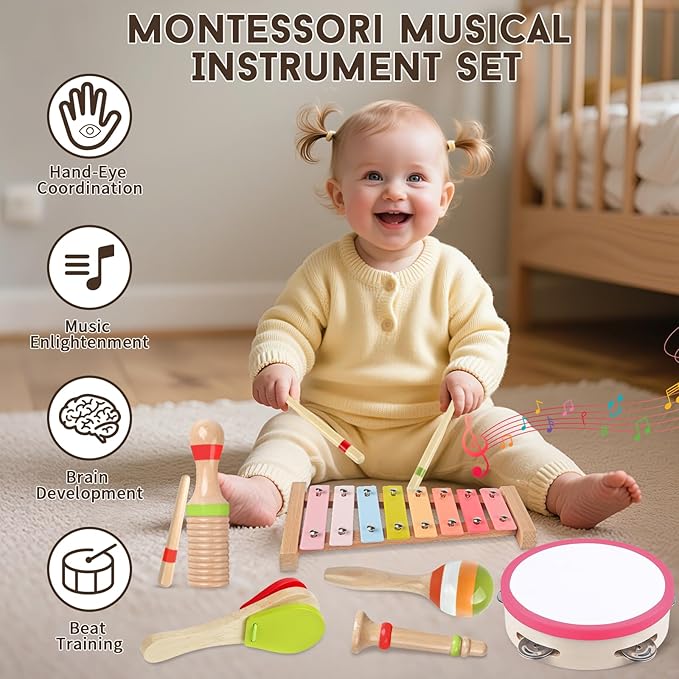 Baby Musical Instruments for Girls-Montessori Wooden Toys for Toddlers 1-3,Percussion Instruments Set with Xylophone Preschool Educational 3+ Christmas Birthday Gift for 1 2 3 Year Girls (pink 6 in 1)