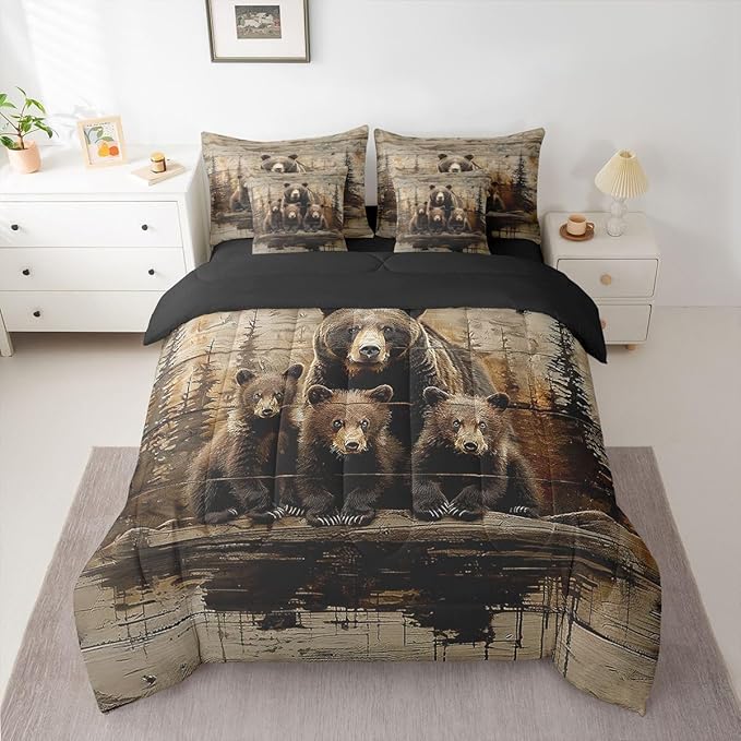 Feelyou Vintage Grizzly Bear Comforter Set With Sheets 7 Piece King Size Wild Animal Hunting Bedding Set for Kids Boys Girls Western Cabin Bed in a Bag Farmhouse Room Decor Soft Lightweight Microfiber
