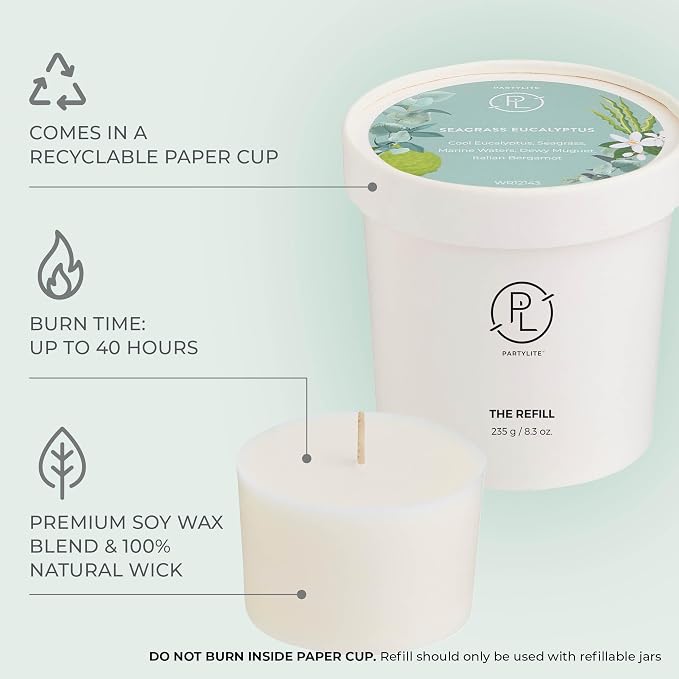 PartyLite Seagrass Eucalyptus Scented Candle Refill, Notes of Eucalyptus, Lemon, Seagrass & Driftwood, 10oz 1-Wick, up to 40 Hours of Luxury, Aromatherapy, Sustainable Premium Soy Wax