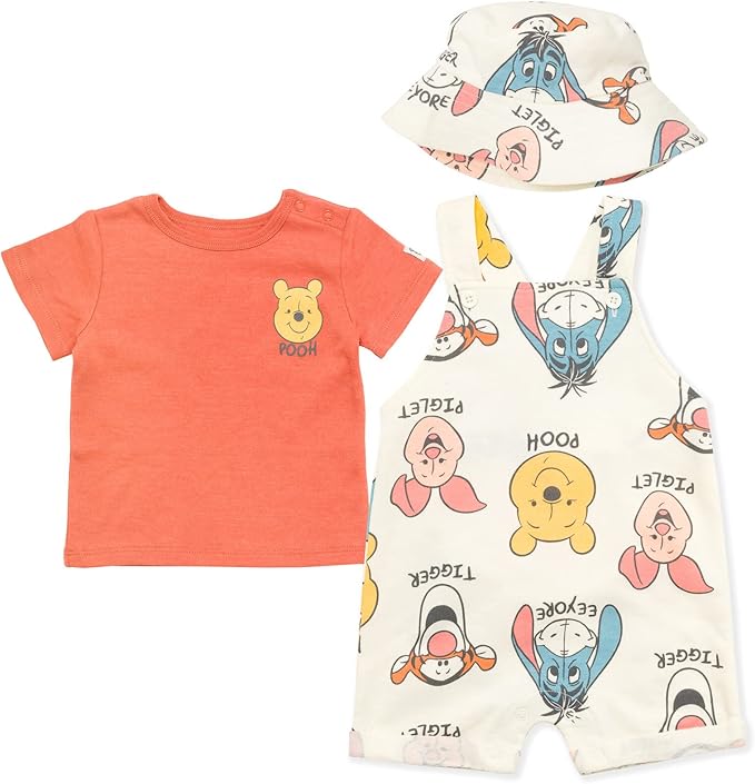 Disney Winnie the Pooh Baby Short Overalls, T-Shirt & Hat 3 Piece Outfit Set Newborn to Infant Sizes (0-24 Months)