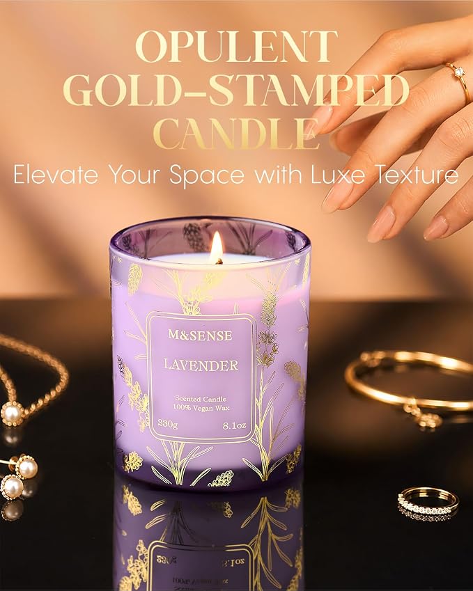 M&SENSE Lavender Soy Candle, 8.1oz Gilded Glass, Sleep Calming Spa Gift | 42H Long Lasting, Non-Toxic, Aromatheraphy Home Fragrance, Warmer Lamp Compatible, Reusable Spa Jar