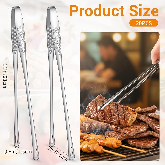 20 Pcs 11 Inches Stainless Steel Korean BBQ Grill Tongs, Kitchen Cooking Tweezers Multi-Purpose Barbecue Tong Portable Clamp Tool Kitchenware for Outdoor BBQ Home Buffet Salad Steak
