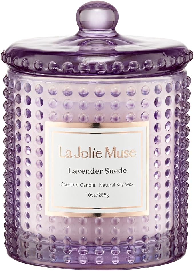 LA JOLIE MUSE Lavender Suede Scented Candles for Home, Natural Soy 55 Hrs | Luxury Jar Candle, Clean Non Toxic, Gift for Women & Men, Relaxing Aromatherapy, Stress Relief, Decorative Purple Candles