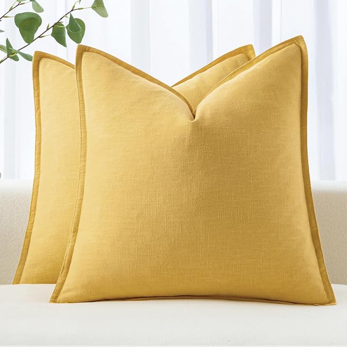 MIULEE Decorative Linen Pillow Covers 20x20 Inch Yellow | Boho Farmhouse Neutral Couch Throw Pillows for Bed, Pack of 2 Accent Modern Pillowcases, Sofa Livingroom Home Decor