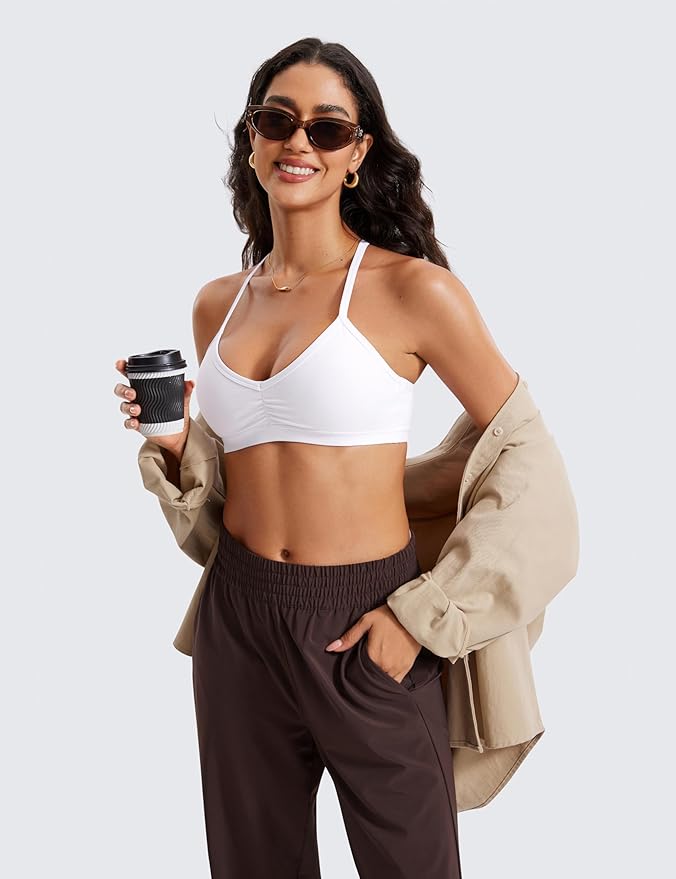 CRZ YOGA Butterluxe Ruched Sports Bras for Women - V Neck Spaghetti Thin Strap Y Back Wireless Padded Yoga Crop Top