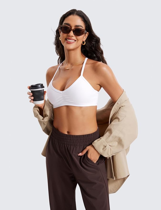 CRZ YOGA Butterluxe Ruched Sports Bras for Women - V Neck Spaghetti Thin Strap Y Back Wireless Padded Yoga Crop Top