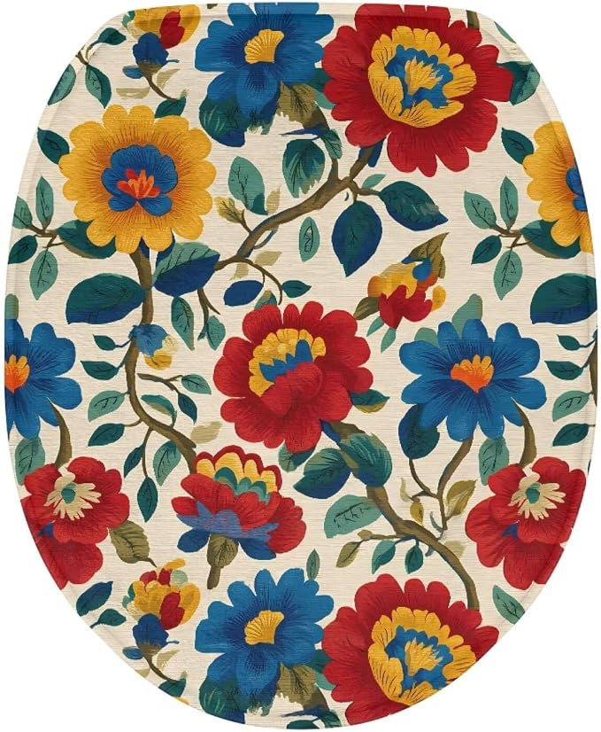 Wildflower Oblong Elongated Toilet Cover, Soft Machine Floral Oval Lid Cushion, Blue Coastal Bathroom Home Decor