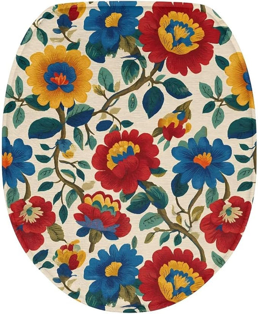 Wildflower Oblong Elongated Toilet Cover, Soft Machine Floral Oval Lid Cushion, Blue Coastal Bathroom Home Decor
