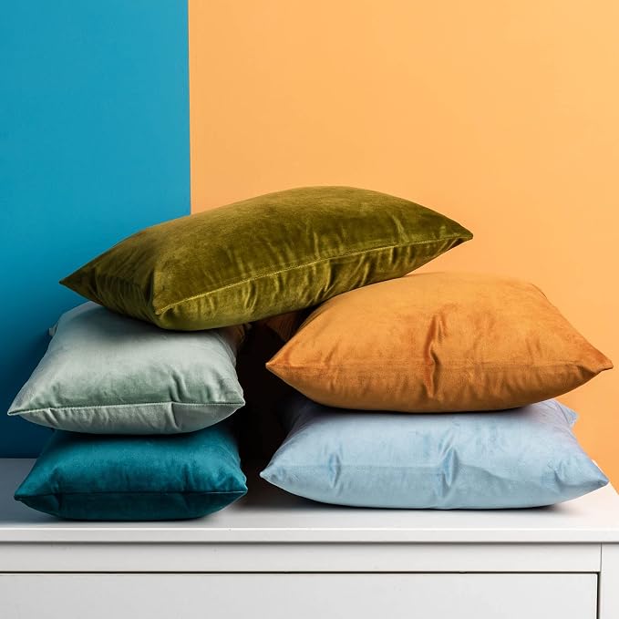 Throw Pillow Covers Set of 2 Velvet Cushion Covers 14x14,Olive Green | Decorative Pillow Covers with Invisible Zipper for Couch Sofa Bed Living Room Bedroom Home Decor