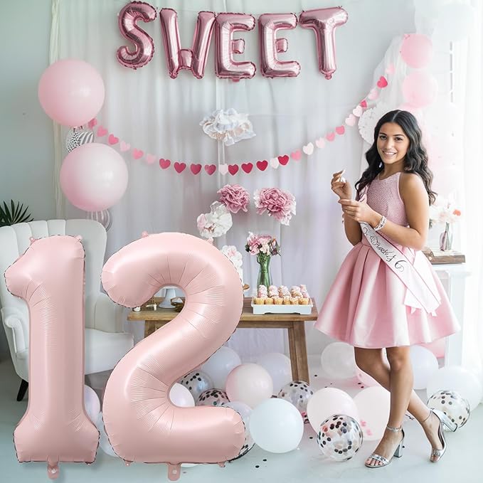 Foil 12 Balloon, Dusty Light Blush Pink Big Number 12 Balloons for Girls Birthday Party Decor, 40'' Mylar Helium Self Inflating Number 12 Baby Pastel Pink Balloon for 12th Birthday Party Decorations