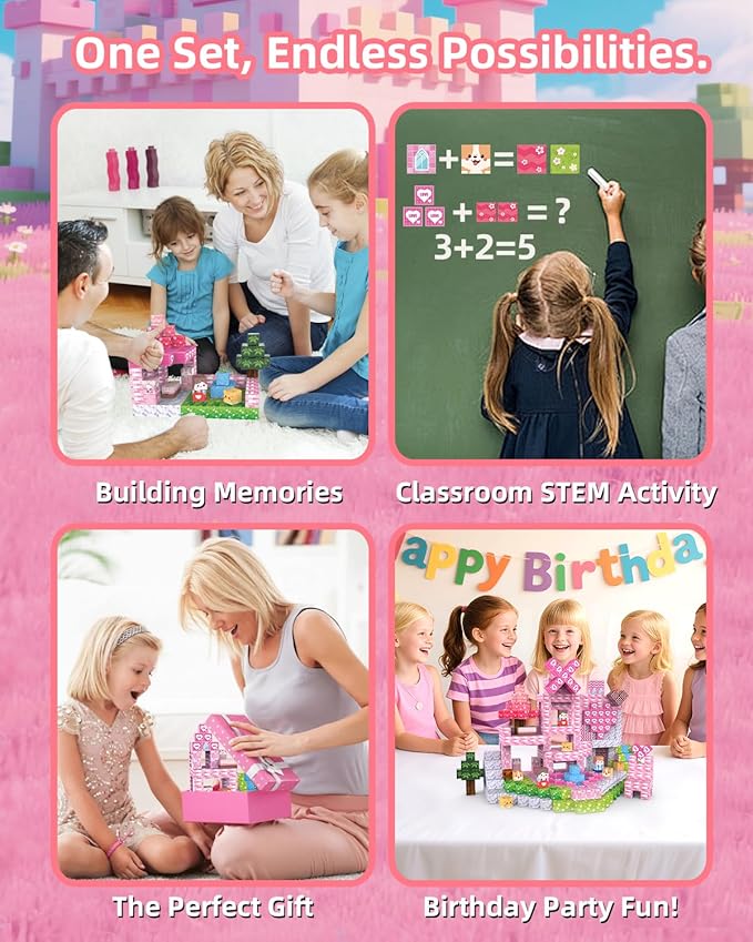 Magnetic Blocks Large 1 Inch 220 PCS, Super Strong Magnets, Magnetic Building Cubes for Girls, Pink Dream House STEM Educational Construction Kit for Kids Ages 3-5, 4-8, 8-12 | Ideal Gift
