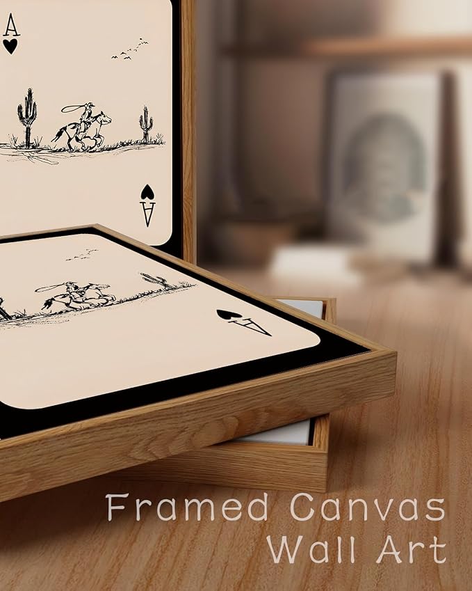 ZZLWBKGL Western Wall Decor Cowboy Poker Canvas Art Vintage Framed Wall Art | Cactus Artwork Mid Century Picture Southwest Farmhouse Paintings for Bedroom Living Room 8x10in