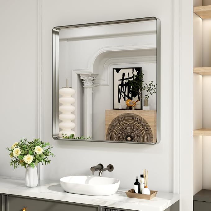LOAAO 36X36 Inch Brushed Nickel Bathroom Mirror, Rounded Rectangle Silver Metal Frame Mirror, Brushed Nickel, Anti-Rust, Shatter Proof, Hangs Horizontally or Vertically | Rounded Rectangle, Silver Metal Frame, Anti-Rust, Tempered Glass, Hangs Horizonta...