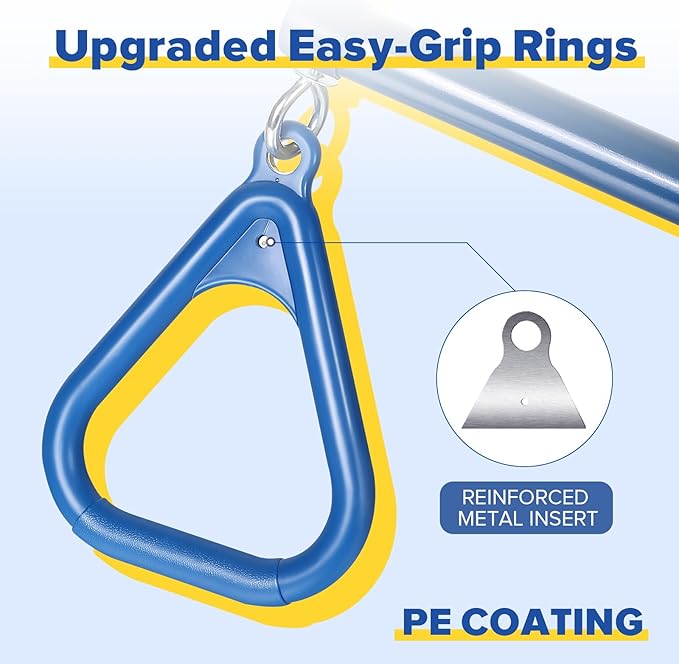 LadyRosian 17" Trapeze Bar Swing Set Gym Rings 47" Heavy Duty Chain Swing Set Accessories with Locking Carabiners Plastic Coated Chains Monkey Bars for Backyard, Playroom (Blue)