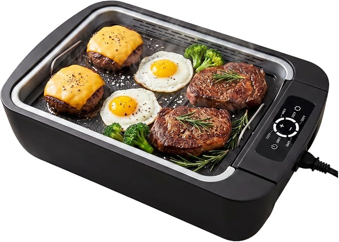 Indoor Smokeless Grill & Griddle 1100W Electric Gill Korean BBQ Smoke Control with Fan Temperature Control Non-Stick Plate with Drain Holes Easy to Clear for Apt Dorm Portable Tabletop 5-Serving