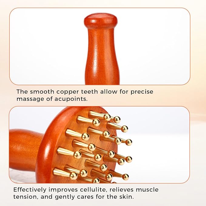 Meridian Massage Brush with 29 Copper Ball & Ergonomics Handle, Meridian Point Massager Comb with Storage Bag Chinese Spa Gua Sha Tool for Head Neck Back Arms Legs