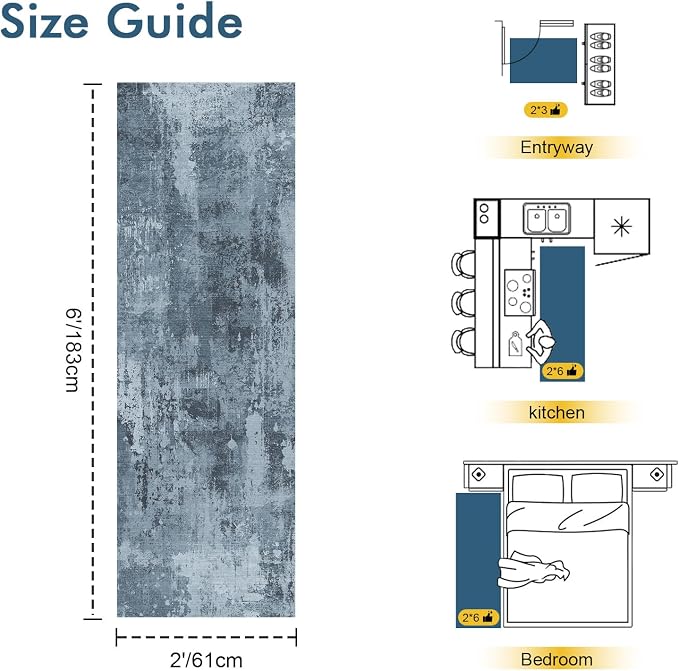 2x6 Ft Washable Runner Rug, Non-Slip Low Pile Hallway Kitchen Area Rug, Soft Long Entryway Floor Mat Abstract Pattern Carpet for Bedside & High-Traffic Areas (Blue Grey)