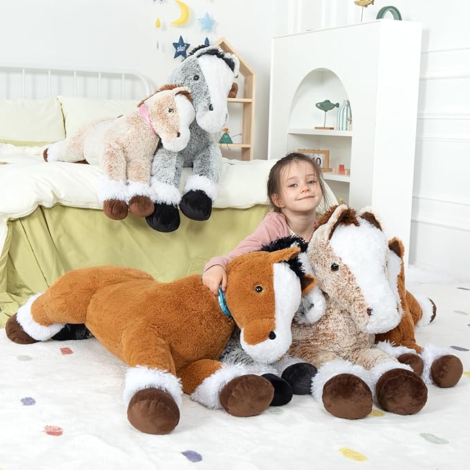 MaoGoLan Large Horse Stuffed Animal for Boy, Big Horse Plush Toy for Girl, Ridable Stuffy Pony for Kids, Coffee Stuffed Pony Plush Pillow for Baby Shower or Birthday Party Favor Gifts, 33 inches