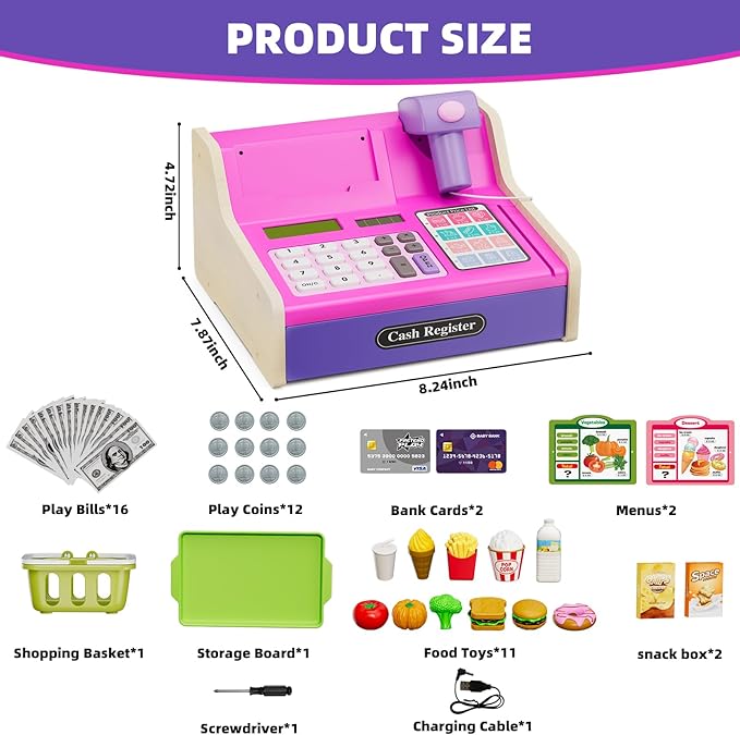 HYES Cash Registers for Kids, Rechargeable Pretend Play Toys Supermarket & Fast Food Restaurant, Cashier Toy with Play Money, Pretend Food, Birthday Gifts for Kids Boy & Girl Age 4-8, Pink