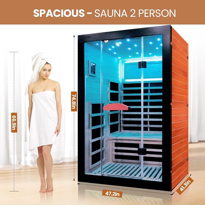 2 Person Infrared Sauna Far Infrared Sauna Room for Home Indoor 2000W Low-EMF Wood Dry Sauna with Full Starry Sky Lights Ceiling in 7 Color Speaker Fast Heating Easy Assembly- 47.3*41.3*74.8 IN