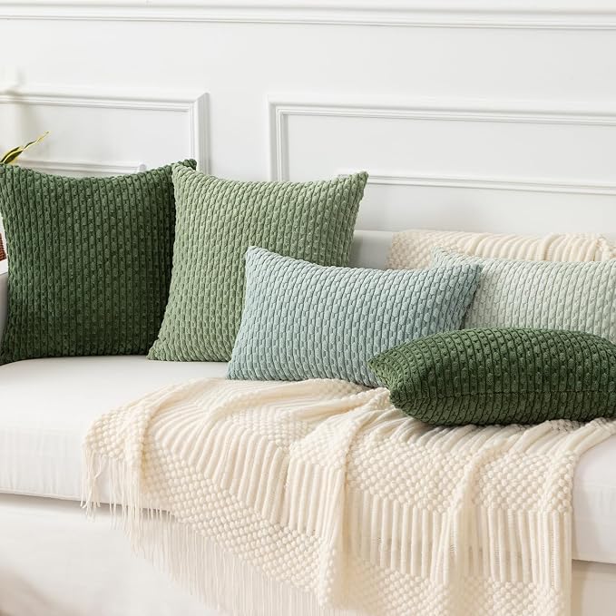 Kevin Textile Soft Corduroy 16"x24" Lumbar Pillow Cover 1 Pack, Grey Green | Boho Stripe Plush Corduroy Decorative Oblong Cushion Cover Modern Farmhouse Home Decor for Sofa Couch Bed Chair