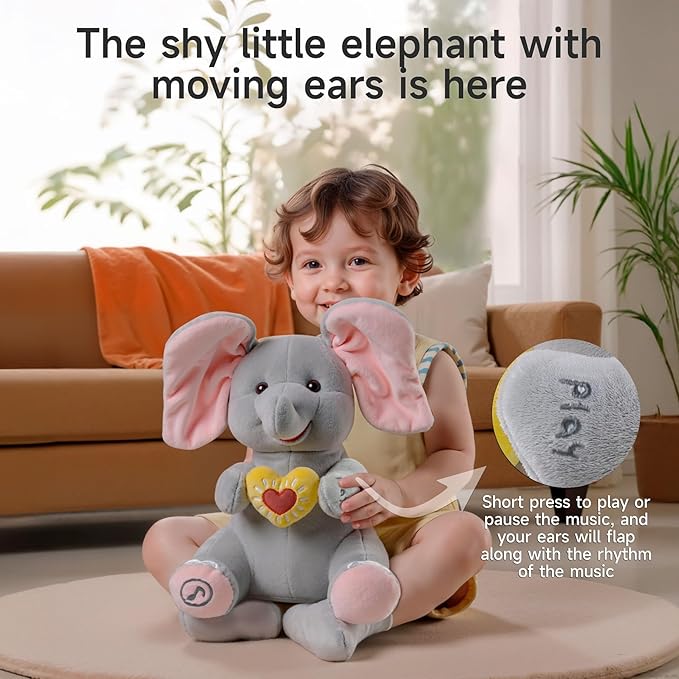 Peek a Boo Elephant Toy, Interactive Singing Plush Elephant Toy with Flapping Ears and Hearts, Musical Stuffed Animal for Babies and Toddlers