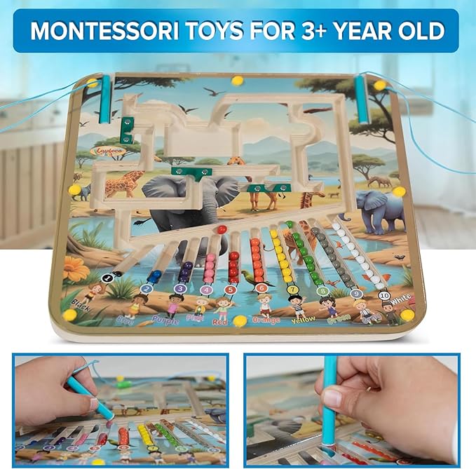 Magnetic Montessori Toys for 3 Year Old - Magnet Board for Kids, Magnetic Maze for Kids Ages 3-5, Color and Number Maze, Puzzles for Toddlers, Magnet Mazes for Toddler, Learning Activity, Safari