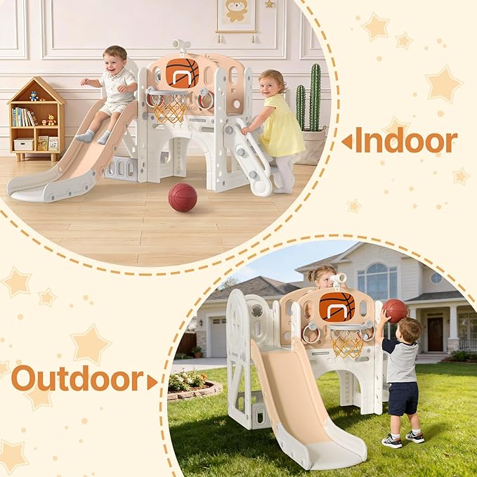 BIERUM 9 in 1 Toddler Slide, Baby Slide for Toddlers Age 1-3 with Ring Toss, Basketball Hoop and Telescope, Indoor Outdoor Playset Playground Beige Coffee