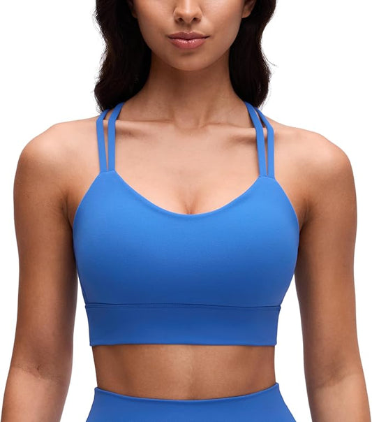 CRZ YOGA Softness Mold Butterluxe Strappy Longline Sports Bras for Women - Double Spaghetti Strap Workout Yoga Crop Top