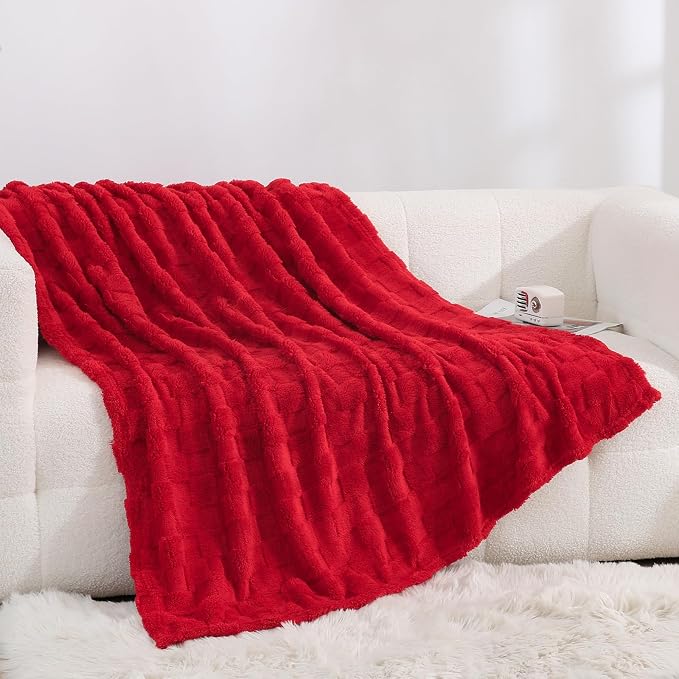 Red Fleece Throw Blanket 60”×80”Checkered Design for Couch Sofa | Super Soft Cozy Plush Microfiber 3D Square Pattern Flannel Blanket for Bed Lightweight for Adults,Women