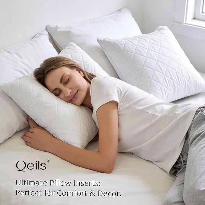 Qeils Quilted 18 x 18 Pillow Inserts Set of 2 White Throw Pillow Inserts with Soft Polyester Cover - Rectangle Square Sofa Quilting Pillow Inserts Decorative Pillow Insert White Couch Pillow