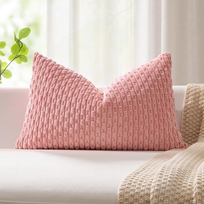 Kevin Textile Soft Corduroy 14"x24" Lumbar Pillow Cover 1 Pack, Dark Pink | Boho Stripe Plush Corduroy Decorative Oblong Cushion Cover Modern Farmhouse Home Decor for Sofa Couch Bed Chair