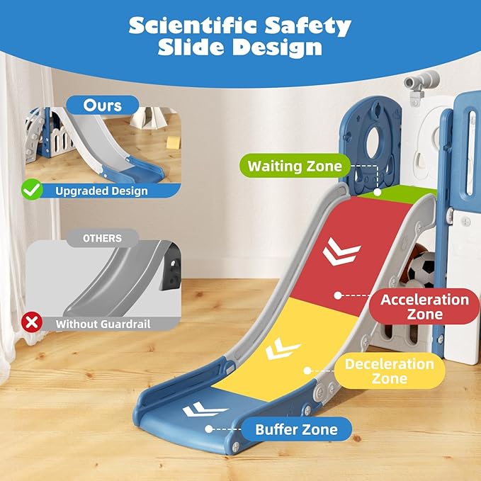 Glaf Toddler Slide 9 in 1 Outdoor Playset Indoor Playground Kids Baby Slides for Toddlers Age 1-3 Backyard with Climber Basketball Hoop Telescope Drawing Board and Storage Space (Blue)