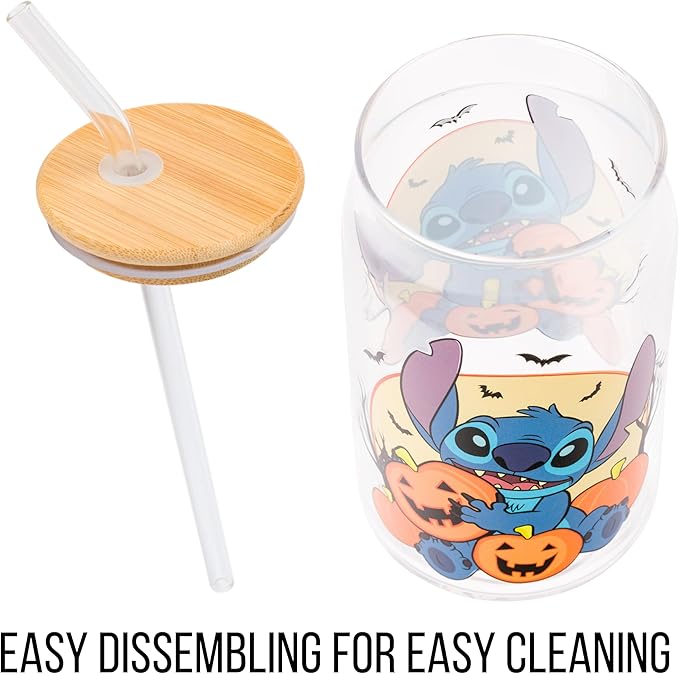 Silver Buffalo Disney Lilo and Stitch Halloween Spooky Pumpkin Patch Jack-O-Lantern Glass Jar Tumbler with Bamboo Lid and Glass Straw, 16 Ounces