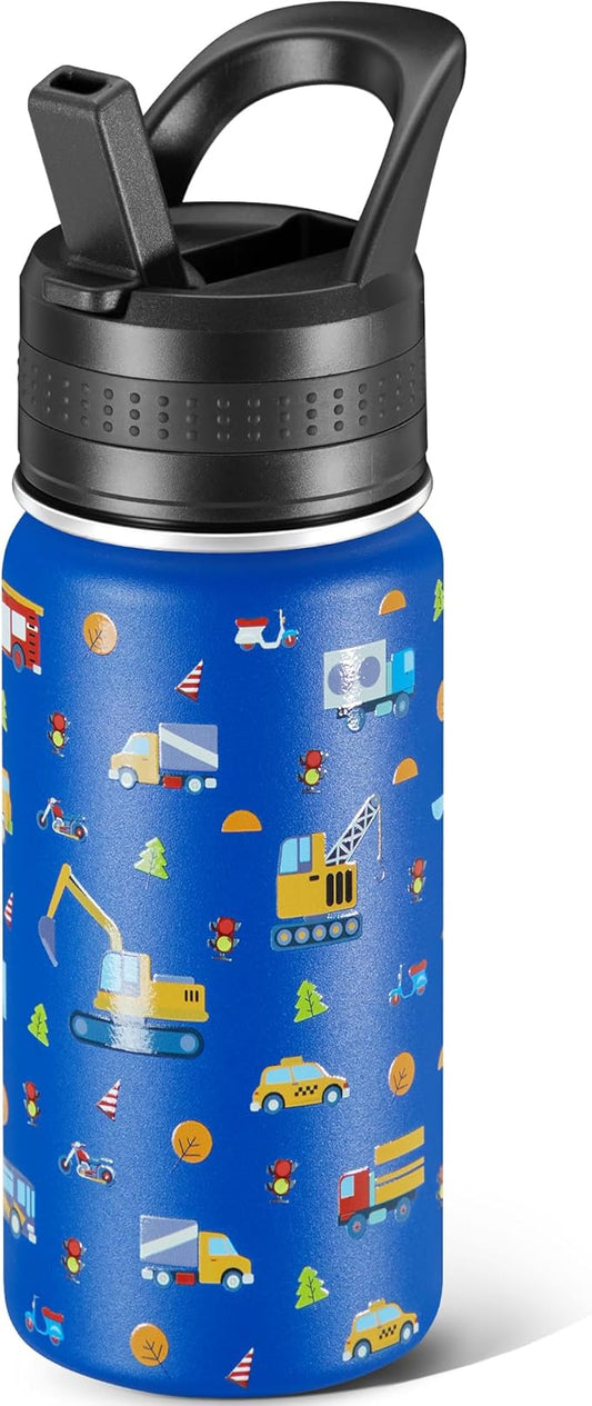 Kids Water Bottle,14oz Stainless Steel Insulated Water Tumbler Leak-Proof,School Water Mug,Small and Portable,Suitable for Boys and Girls to Use(Blue cartoon car)