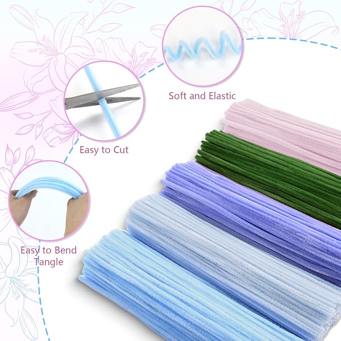 400 Pcs Pipe Cleaners Craft,5 Assorted Colors Pipe Cleaners Bulk, Chenille Stems for DIY Flower Making Kit with Floral Wires, Gardening Tape,Stamen& Ribbon (Colorful)