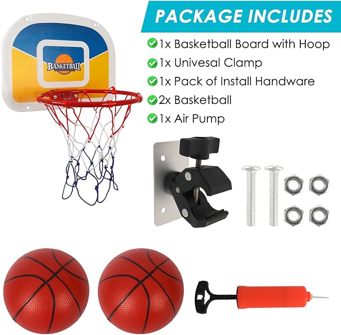 Trampoline Basketball Hoop with 2 Mini Basketball Easy to Install, Upgraded Basketball Hoop for Trampoline Dunk, Fit for Straight and Curved Pole,for Indoor and Outdoor Use