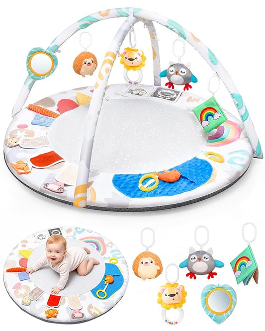 Montessori Baby Play Gym & Activity Mat for Brain Development (0-12Mo) | 5-Sensory Zones + 5 Toys |Portability Tummy Time Activity Mat Stage-Based for Newborn Brain Development Essential & Gift-Ready