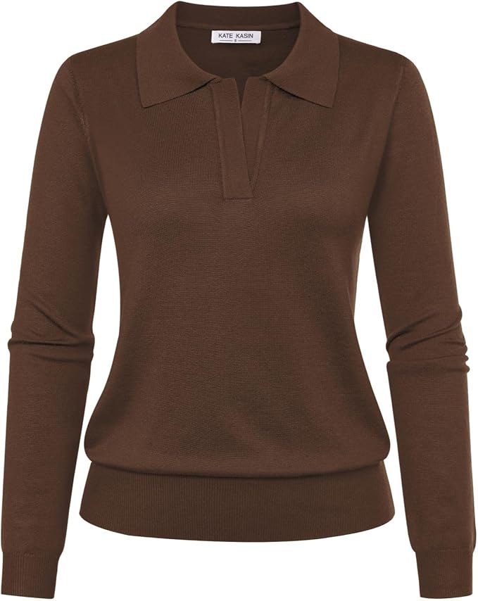 Women's Long Sleeve Classic V Neck Casual Fall Winter Polo Sweater Tops | Basic Collared Knitted Fashion Work Business Formal Daily Wear Versatile Pullover Shirts