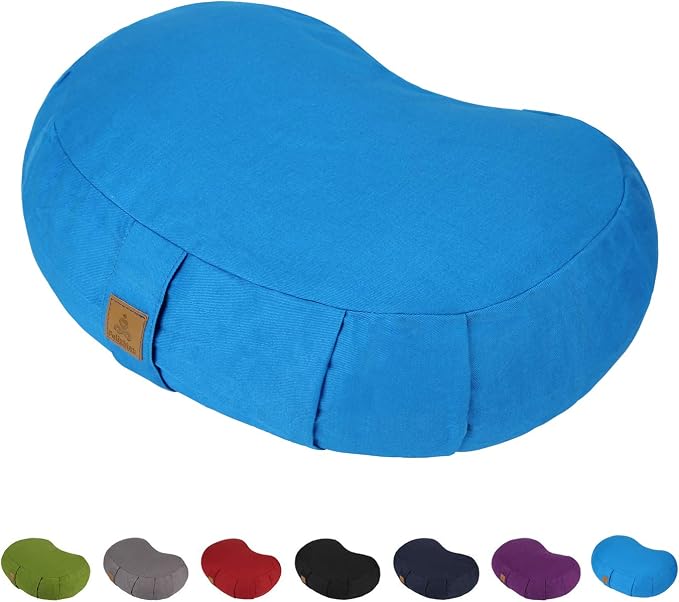 Crescent Zafu Meditation Pillow, D=17" W=11" H=5.5" Zabuton Yoga Bolster, Meditation Cushion, Floor Pouf Yoga Pillow Zippered Organic Cotton Cover Natural Buckwheat kneeling pillow - Large