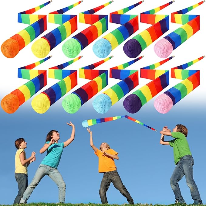 Leyndo 12 Pcs 35 Inch Throw and Catch Balls with Rainbow Tail, Soft Sports Play Comet Balls Playground Toys Bulk for Kids Adults Games and Activities Fun Throwing School (Classic)