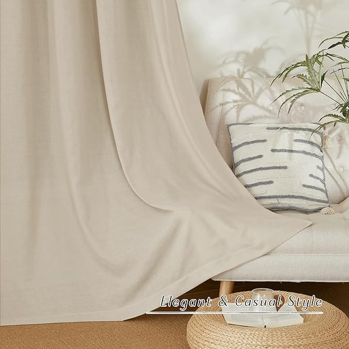 NICETOWN Linen Flax Semi Sheer Curtains 92" Length, Grommet Window Treatments Privacy Added with Light Penetration Vertical Drapes for Loft/Home Office, Angora, W55 x L92, 2 Panels