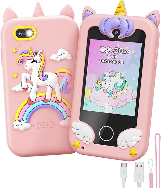 UCIDCI Unicorn Kids Smart Phone Toys for Boy Dual Camera & Music Player Toddler Selfie Phone Toys Road Trip Toys with Learning Games, Christmas, Birthday Gifts for 3 4 5 6 7 Year Old Pink