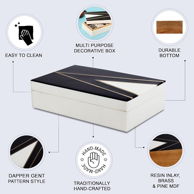 Handicrafts Home Black and White Decorative Storage Box with Lid– Coffee Table Storage Box, Handmade Resin Inlay Wooden Box, Remote Control Holder, Decorative Organizer, Keepsake & Jewelry Box- 8x5x2