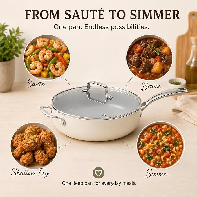 Kikcoin 12 Inch Ceramic Nonstick Frying Pan with Lid, 5 QT Deep Saute Pan for Cooking, Induction Ready Skillet with Stay Cool Handle, PFAS/PTFE/PFOA Free, Oven & Dishwasher Safe