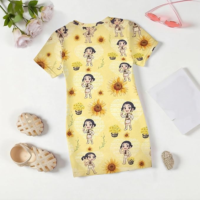 Girl's Anime K-POP Graphic Long Dress T-Shirt - Casual Loose Fit Short Sleeve Top