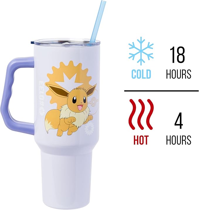 Silver Buffalo Pokémon Double Walled Stainless Steel Tumbler with Handle Featuring Eevee, Fits in Standard Cup Holder, 40 Ounces